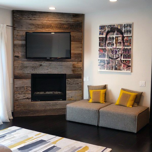 Awesome wood panel wall corner fireplace design