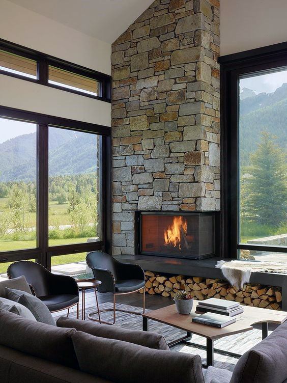 Stone corner fireplace design living room